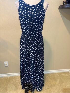 R&K Navy and White Polka Dot Sleeveless Maxi Dress